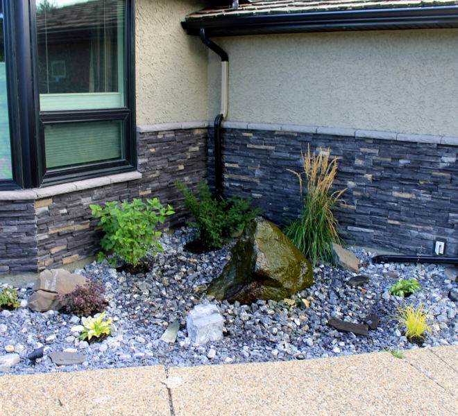 Residential front yard landscaping with shrubs