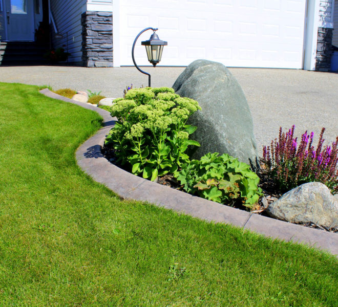 Front Yard landscaping with Mulch, stone curb and Plants