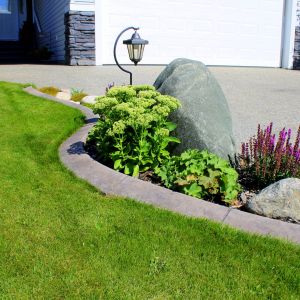 Front Yard landscaping with Mulch, stone curb and Plants