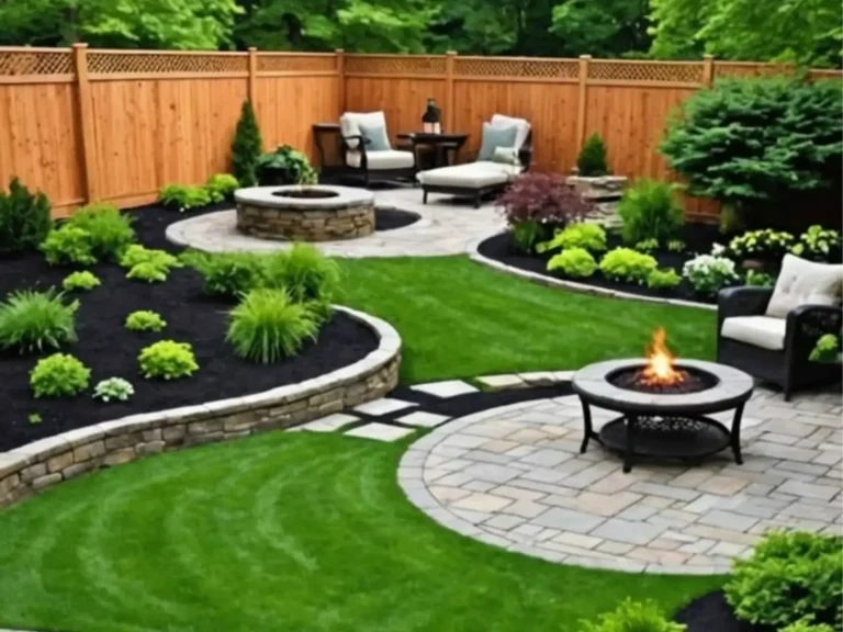 Backyard with circular paver patios, a fire pit and lawn